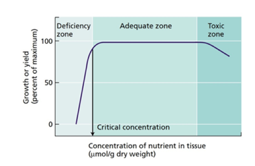 Figure 1. Relationship between plant yield (or growth) and the nutrient content of the plant tissue